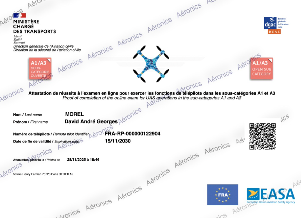 attestation A1 A3 télépilote de drone professionnel