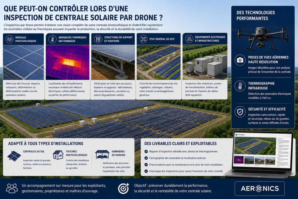 Inspection de centrale photovoltaïque par drone montrant le contrôle des panneaux solaires, des équipements électriques et les livrables techniques remis après l'intervention.