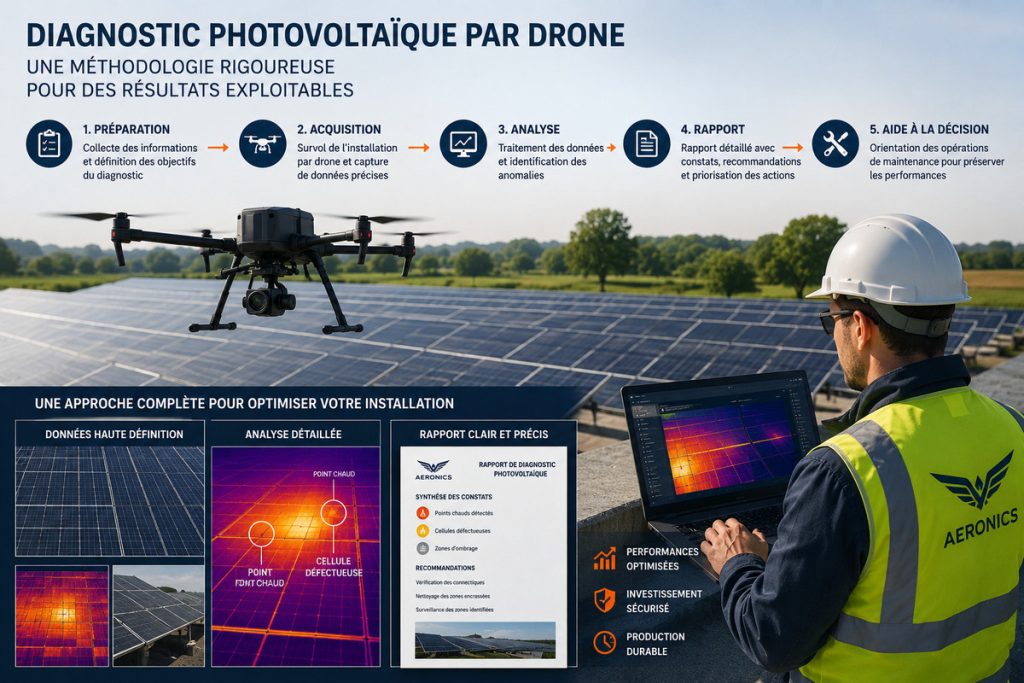 Drone réalisant un diagnostic photovoltaïque afin de détecter les anomalies, les points chauds et les pertes de rendement d'une installation solaire.