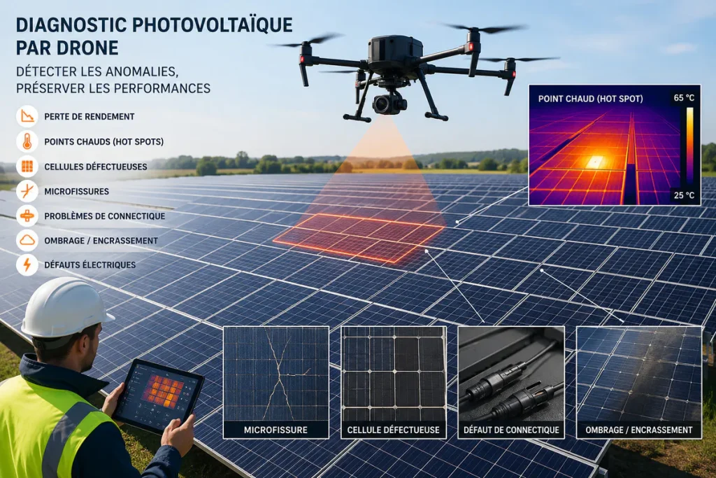 Technicien réalisant un diagnostic photovoltaïque par drone avec analyse des données et rapport technique pour optimiser les performances d'une installation solaire.