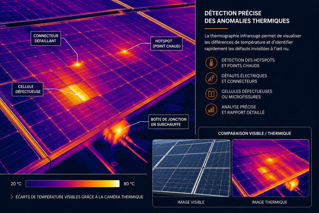 Thermographie photovoltaïque montrant des hotspots, cellules défectueuses et anomalies thermiques sur des panneaux solaires.