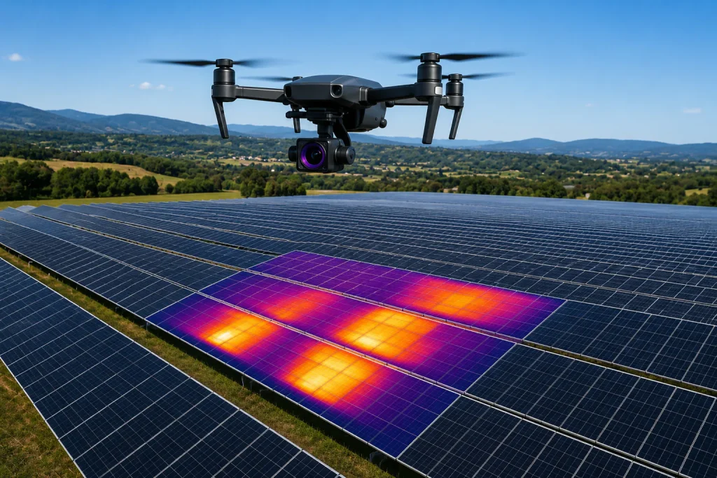 Drone réalisant une thermographie photovoltaïque sur une centrale solaire afin de détecter des hotspots et anomalies thermiques.