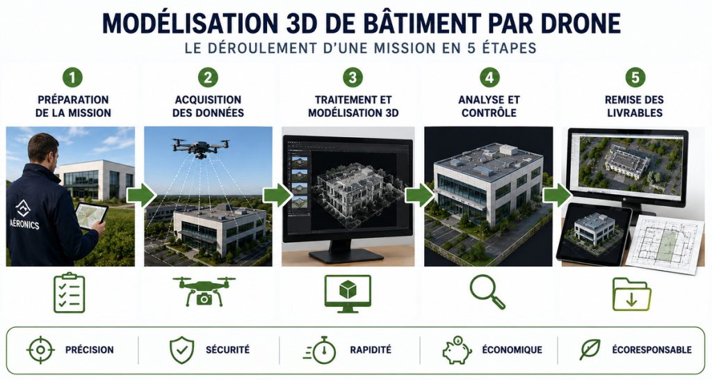 Déroulement d'une mission de modélisation 3D de bâtiment par drone avec acquisition des données, traitement photogrammétrique et remise des livrables.