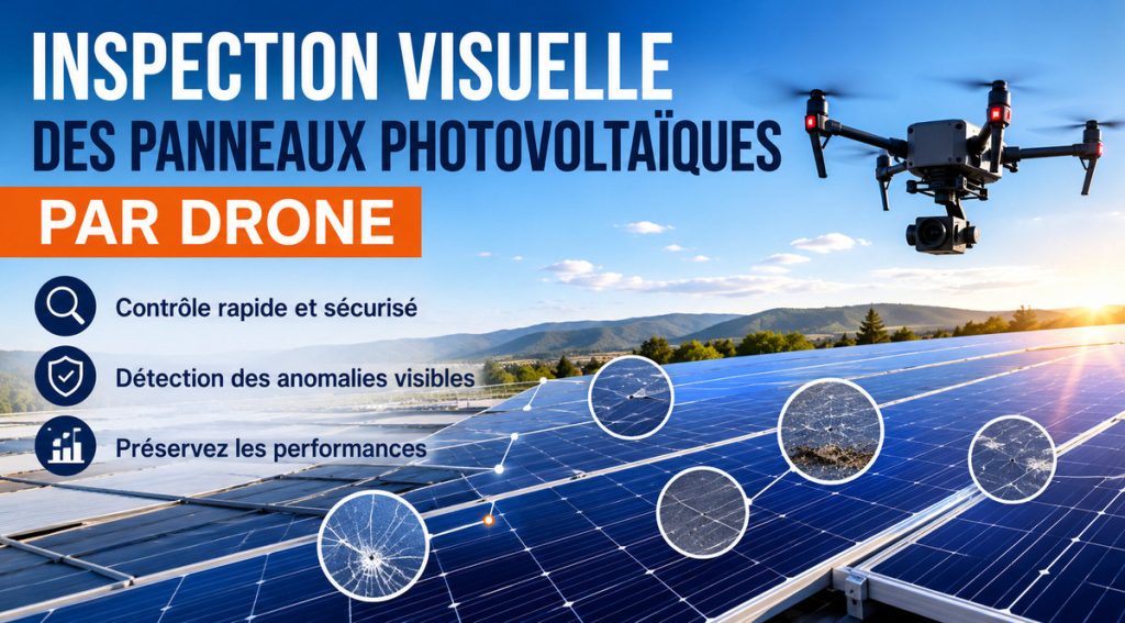 Drone réalisant une inspection visuelle de panneaux photovoltaïques afin de détecter les anomalies visibles sur une installation solaire.