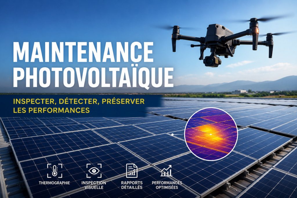 Drone réalisant une inspection de maintenance photovoltaïque afin de détecter les anomalies et préserver les performances des panneaux solaires.