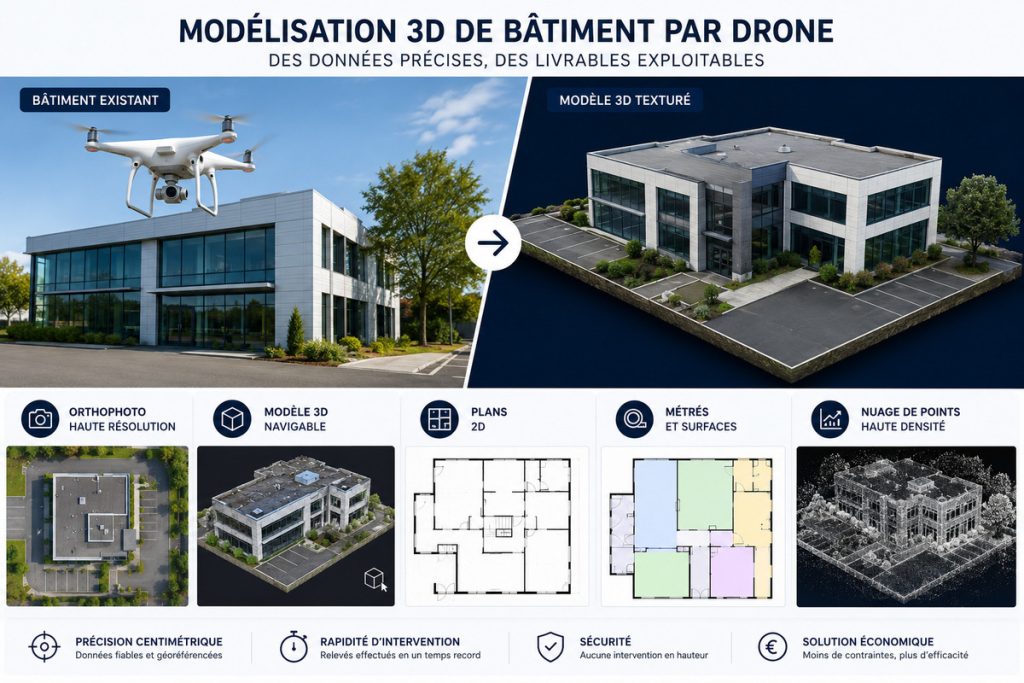 Modélisation 3D de bâtiment par drone présentant les principaux livrables : modèle 3D, orthophoto, plans, métrés et nuage de points.