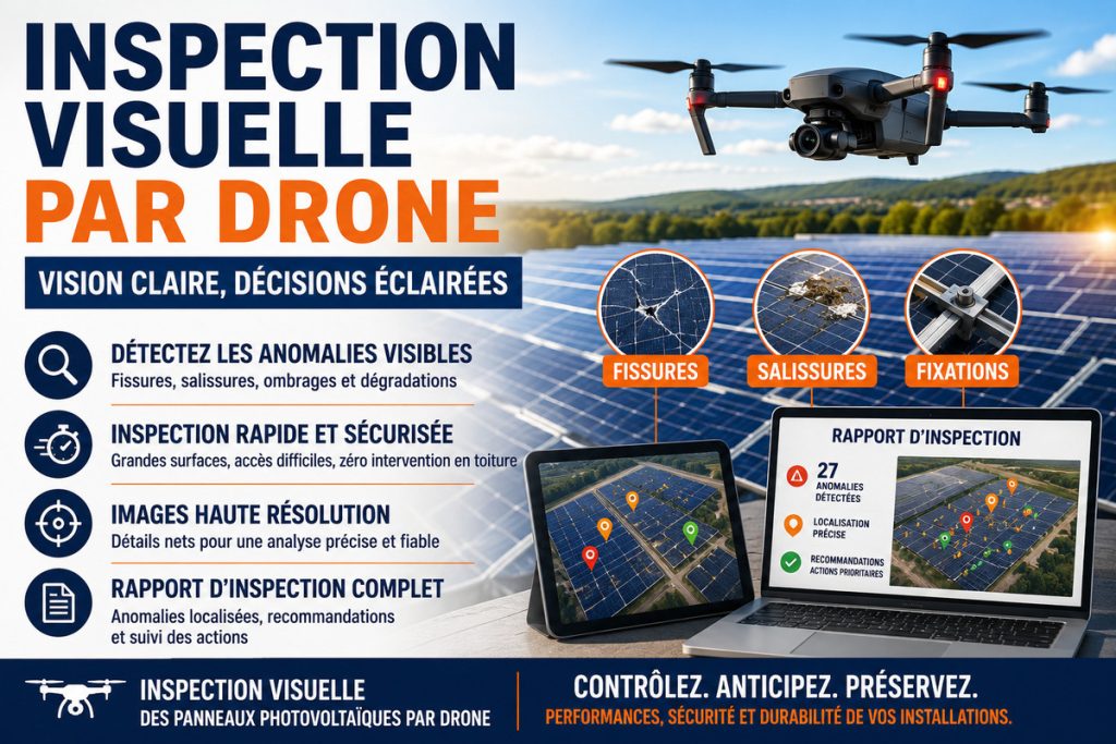 Rapport d'inspection visuelle de panneaux photovoltaïques réalisé après une inspection par drone avec localisation des anomalies.